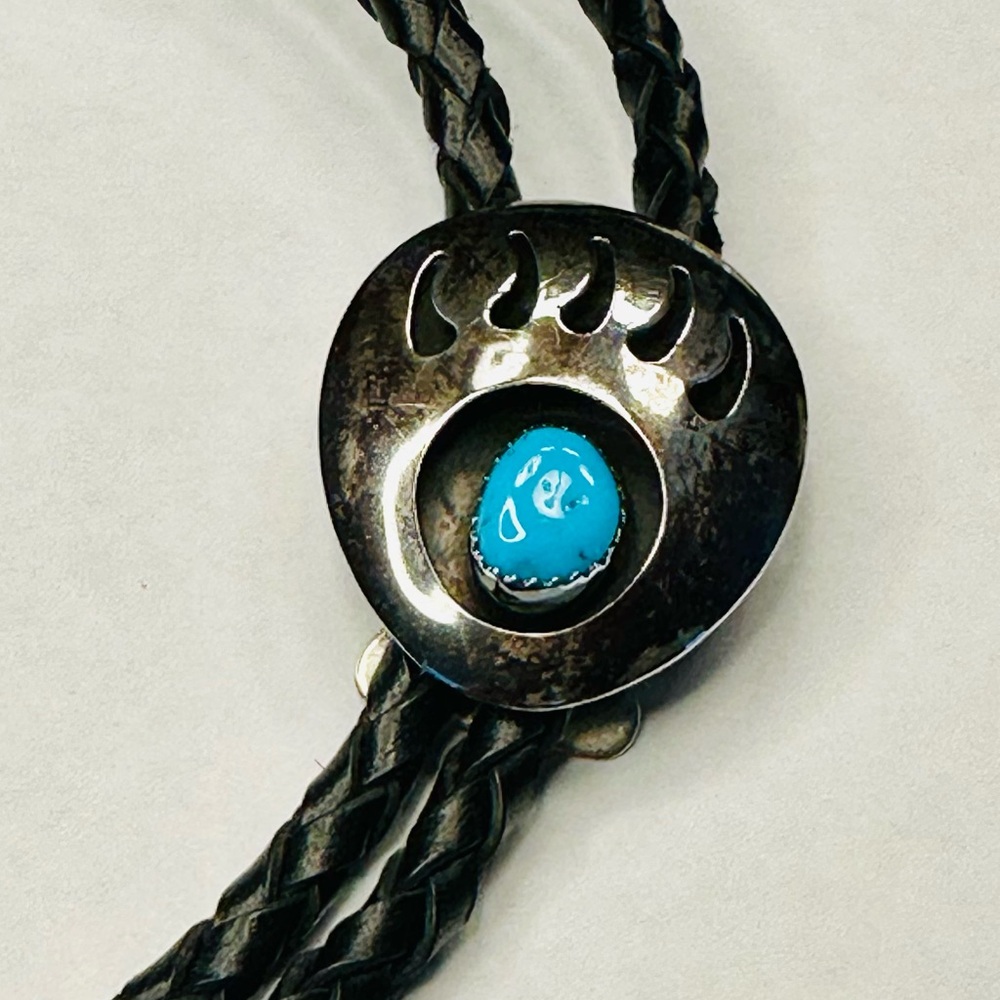 Vintage Hopi Sterling Silver Turquoise Bear Paw Bolo Tie